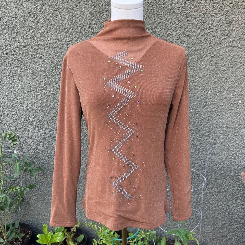 y2k Unbranded Mock‎ Neck Top Womens Bronze Glitter Rhinestone Zig Zag 3XL